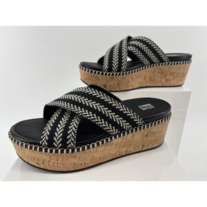 FitFlop Women 8.5 40 Chevron Woven Black Beige Slide Sandal Cork Platform Casual